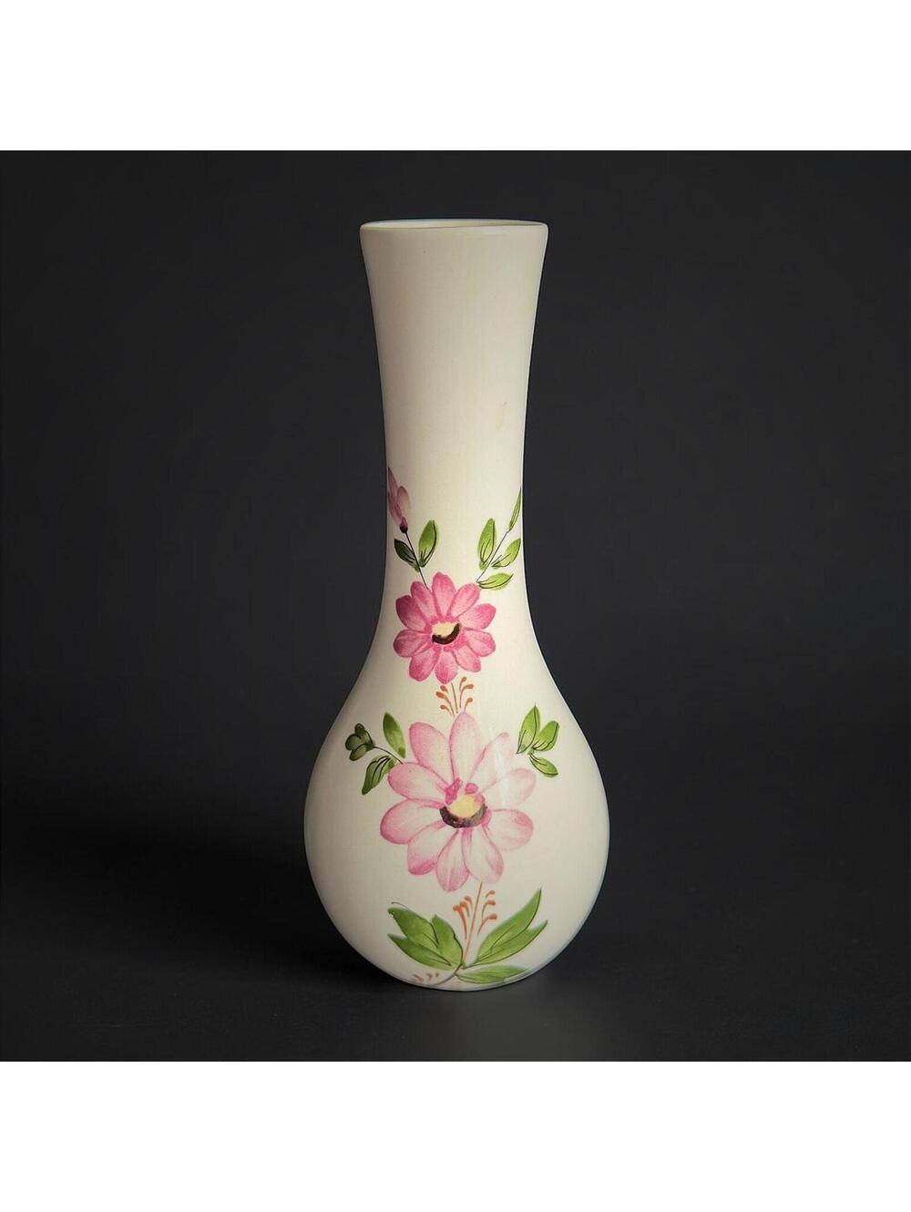 Vintage Portuguese Pottery Bud Vase 8"- Hand Painted Floral Ceramic Vase - 114